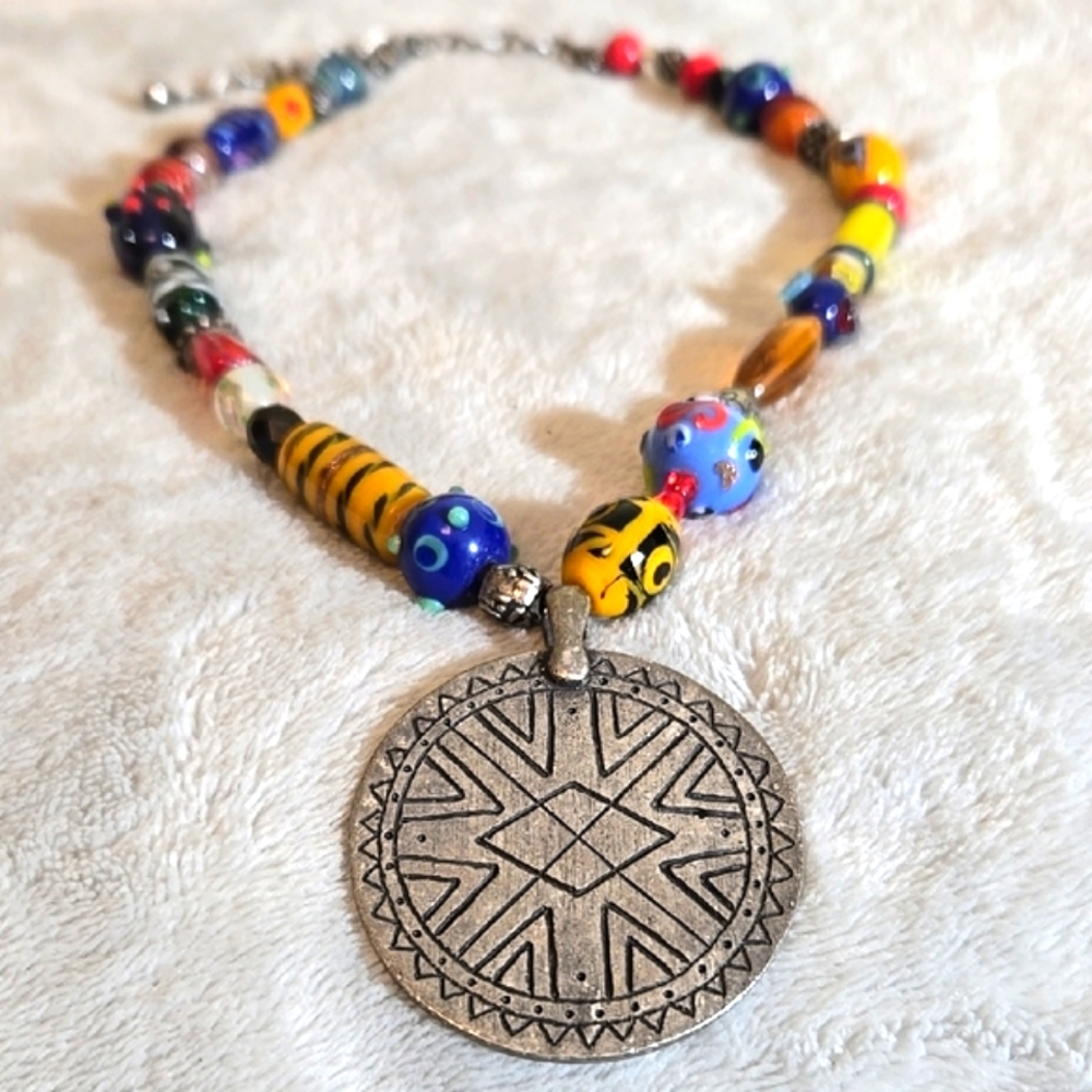 #245 CHICO'S Multicolor Beaded Necklace with Silver Pendant - Picture 4 of 6